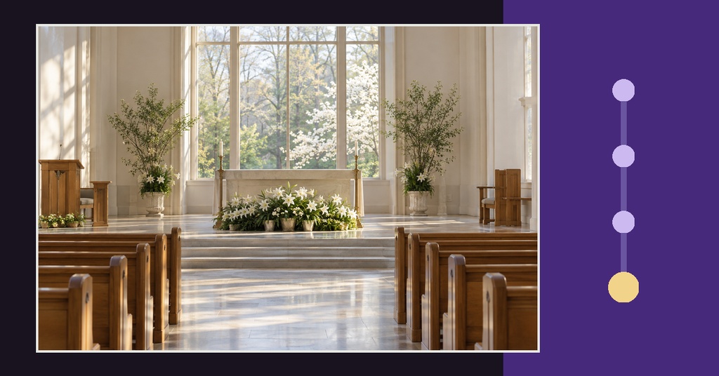 Church sanctuary with pews, altar flowers, and a purple event cover layout panel.