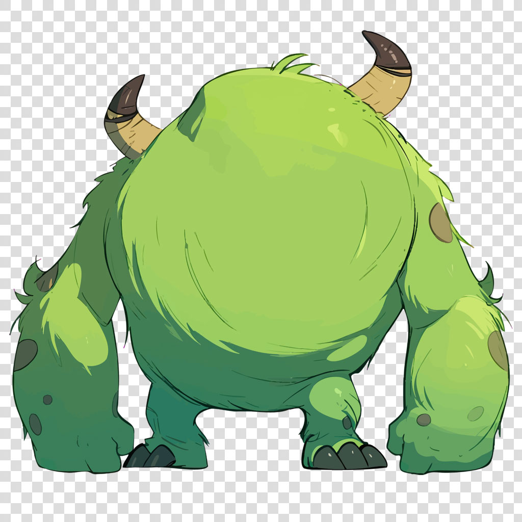 A cartoon monster with a large green body and horns