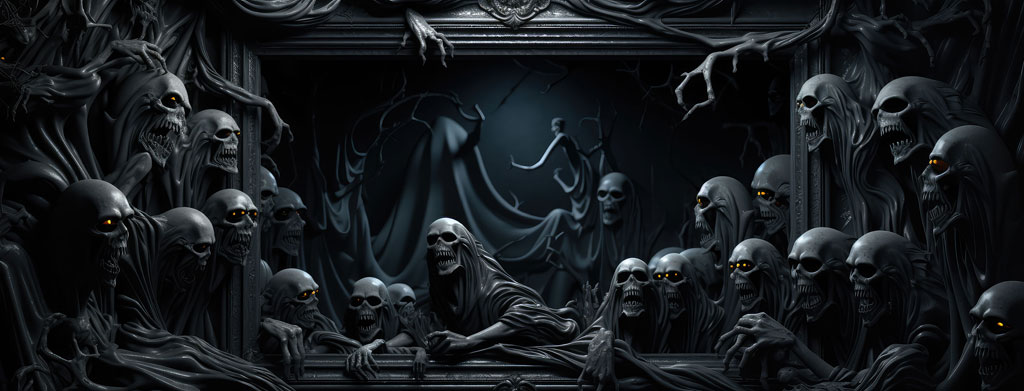 A group of skeletons in dark robes gathered around a central figure
