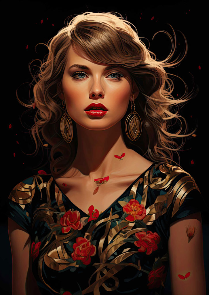 A digital illustration of a woman with wavy blonde hair and blue eyes, wearing a black dress with red flowers and gold accents, surrounded.