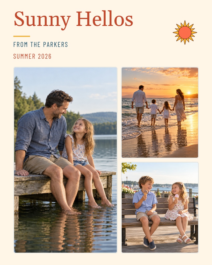 Summer family photo card with three portrait photos, sun icon, and warm greeting text.