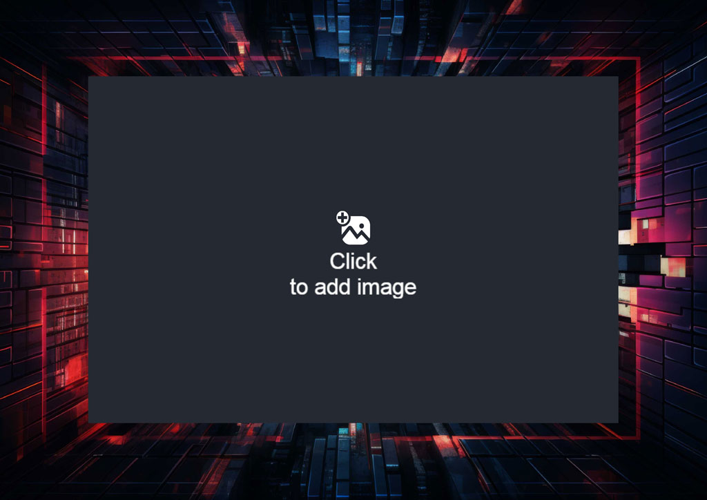 A dark gray rectangle with a white logo on a neon-lit background