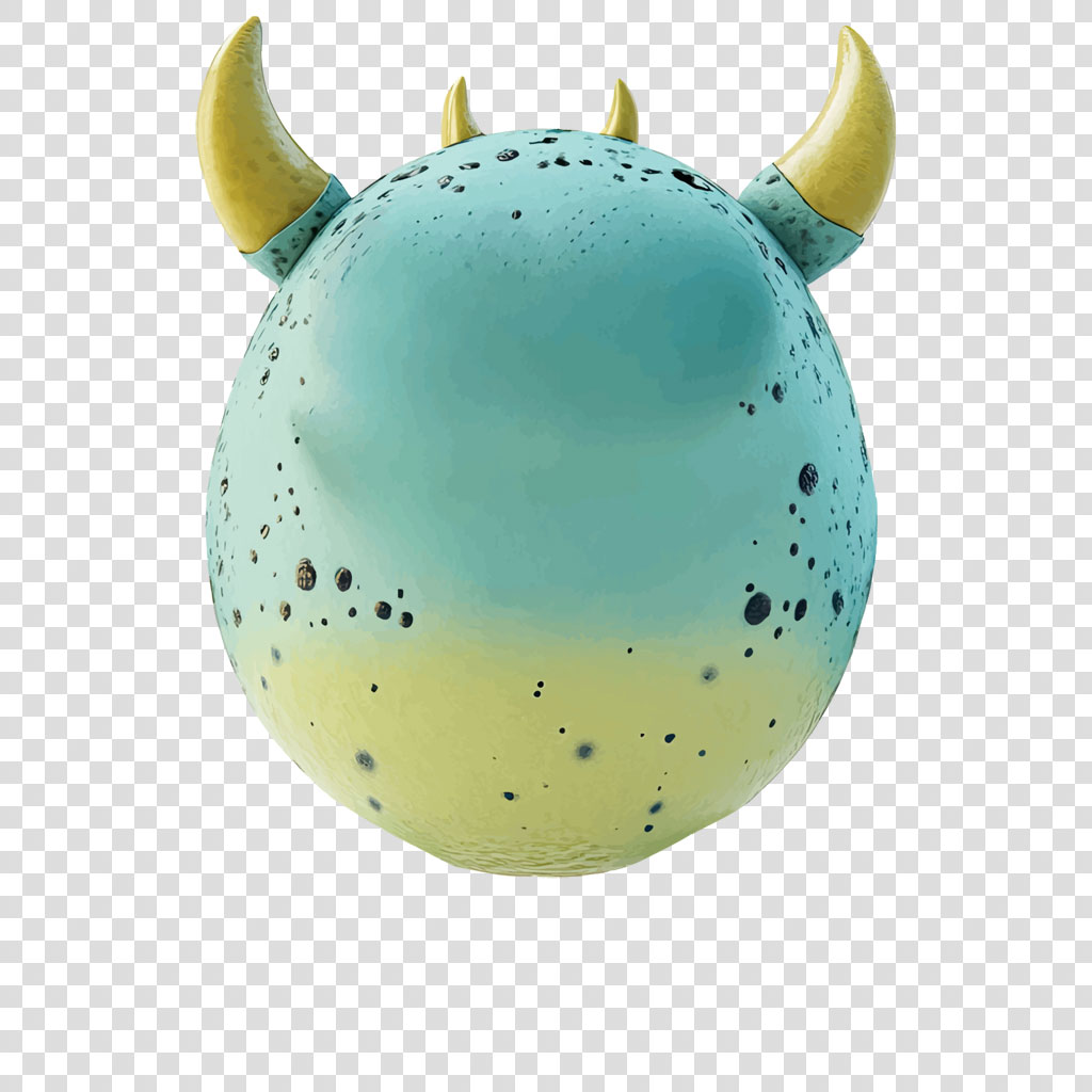 A blue and yellow ceramic figurine with horns and black spots.