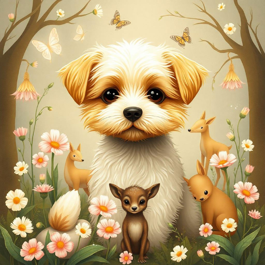 Illustration of a girl in a blue dress with fawns and butterflies in a flower-filled garden