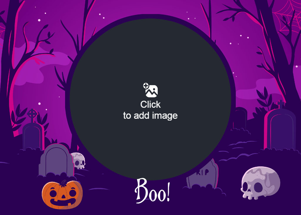 A Halloween-themed graveyard with a large black circle and the word 'Boo!' written below it.
