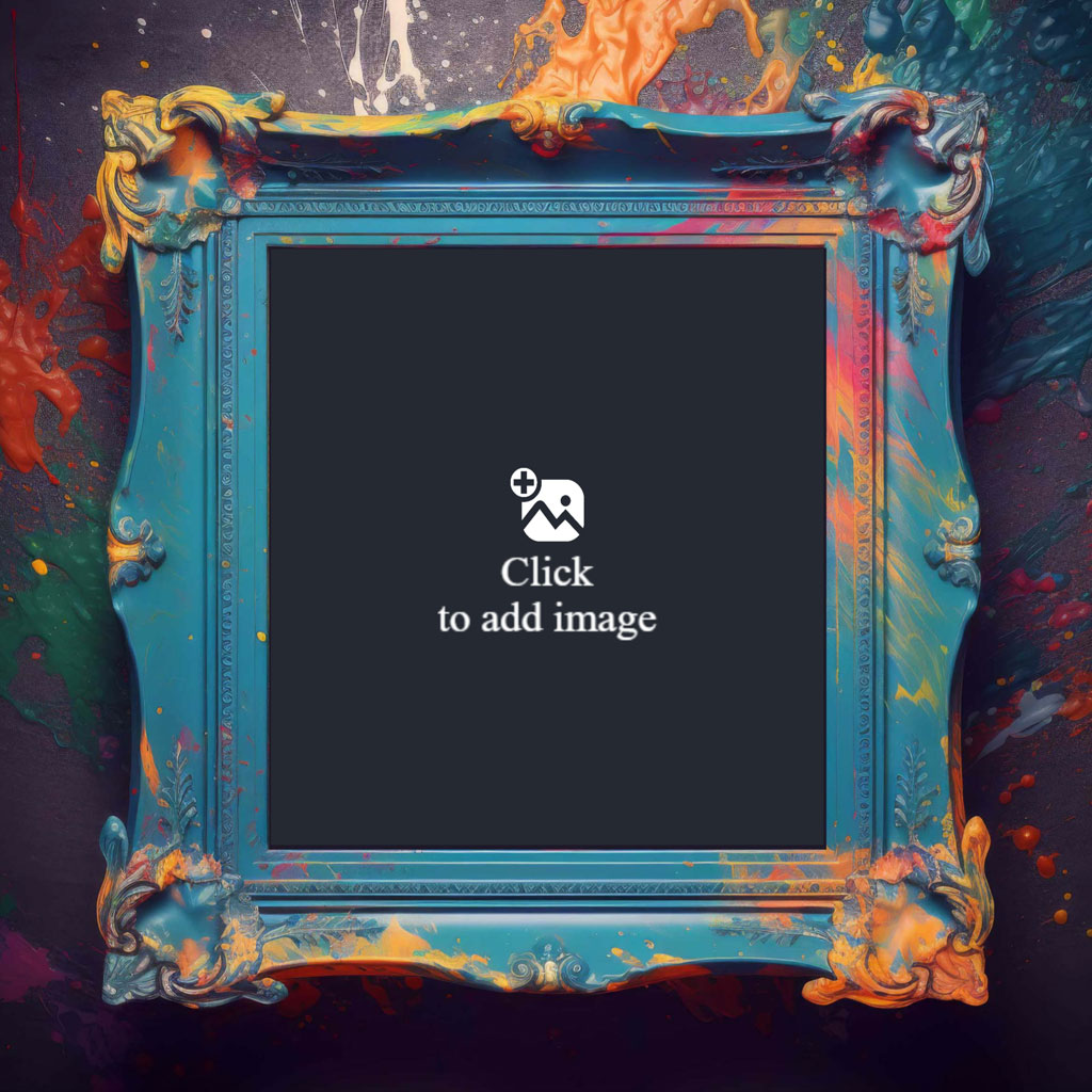 Ornate blue picture frame with vibrant paint splatters