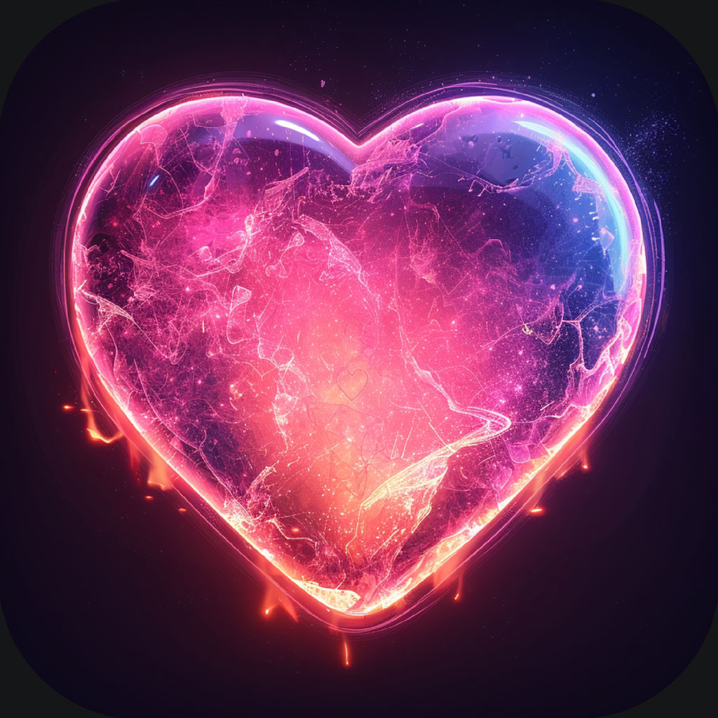 A heart-shaped figure with a neon outline and a fiery, cosmic interior.