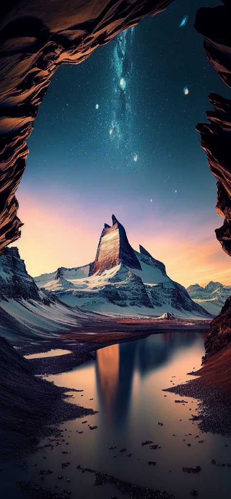 A mountain peak reflected in a lake under a starry sky
