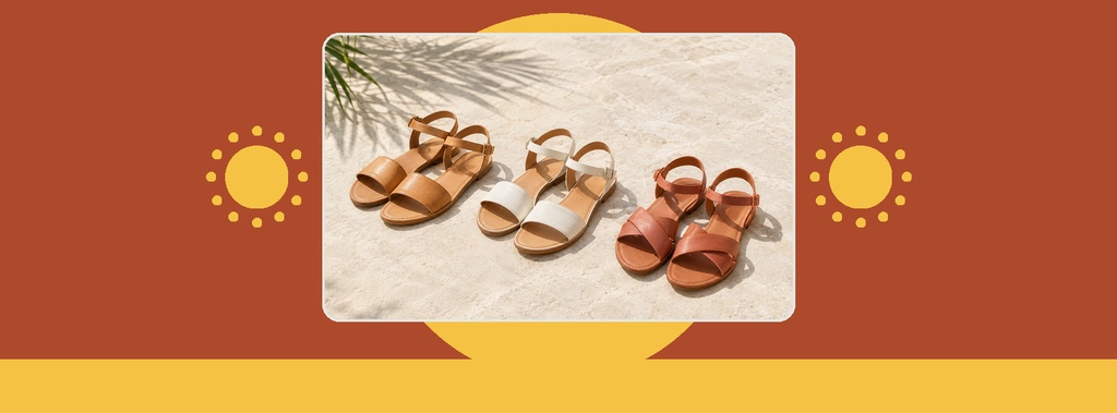 Three pairs of sandals displayed on a light sandy background with sun icons on a warm orange and yellow cover design.