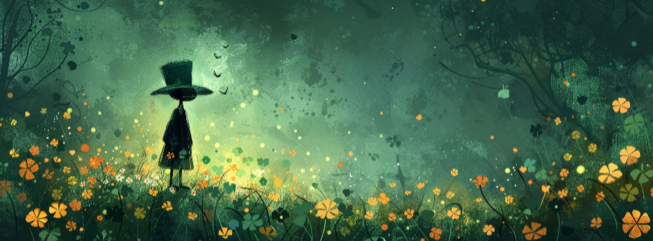 Illustration of a person in a top hat standing in a field of yellow flowers with a mystical forest background