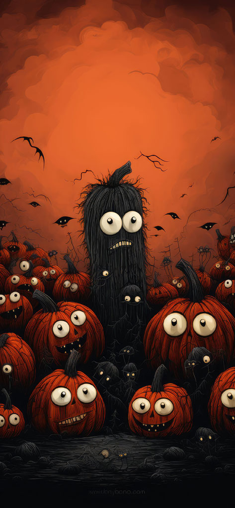 A cartoon illustration of a giant, furry monster standing among a patch of jack-o'-lanterns with eyes, set against a dark orange background.