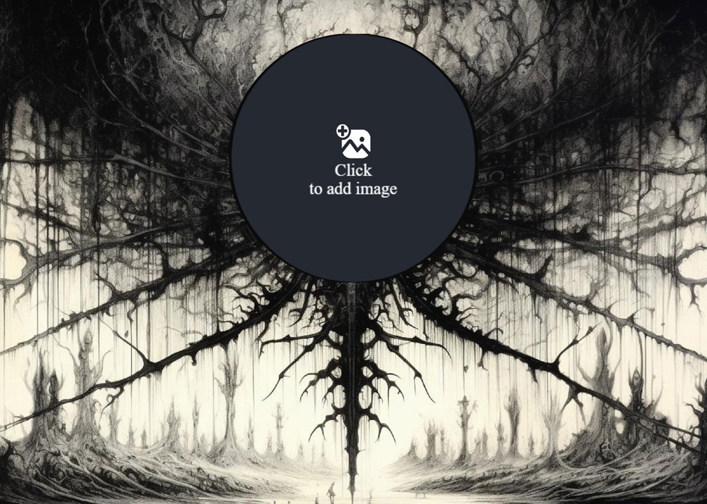 A dark fantasy landscape with a twisted tree and a call to action to add a photo.