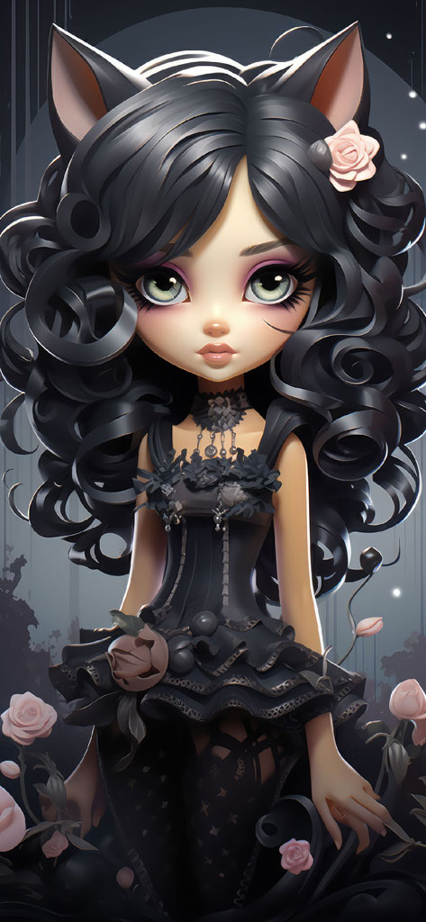 A gothic anime girl with cat ears and curly black hair, dressed in a black dress with roses