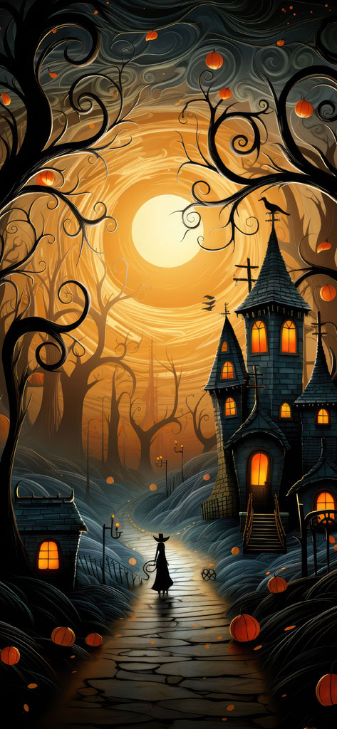 Illustration of a witch walking towards a haunted house on a dark Halloween night with a full moon and glowing pumpkins.