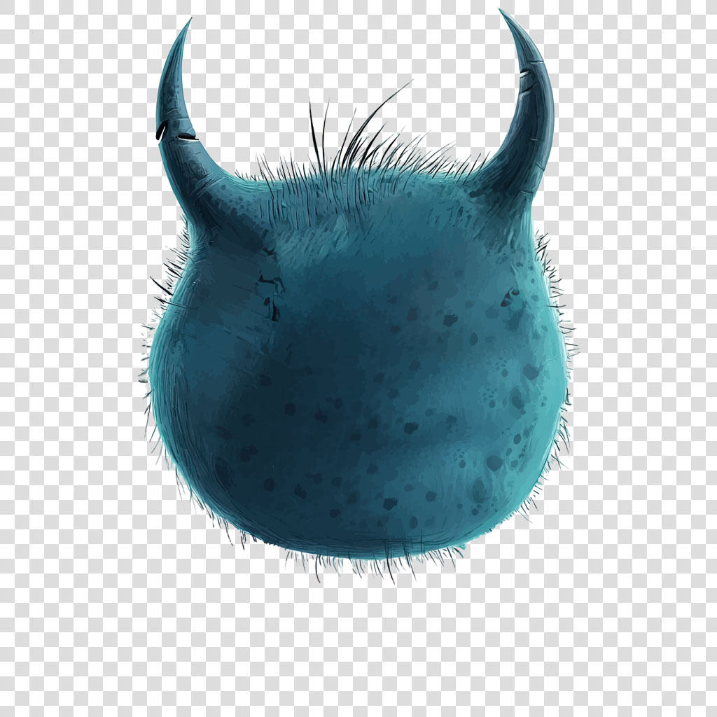 A blue creature's head with two horns and hair-like protrusions.