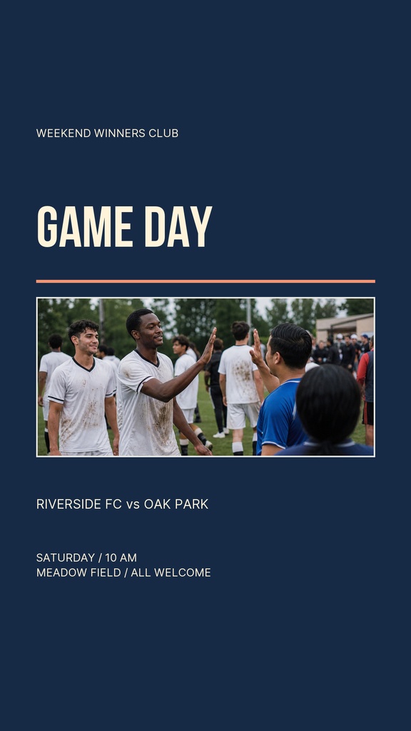 Portrait soccer story template with dark blue background, Game Day headline, and a match photo.