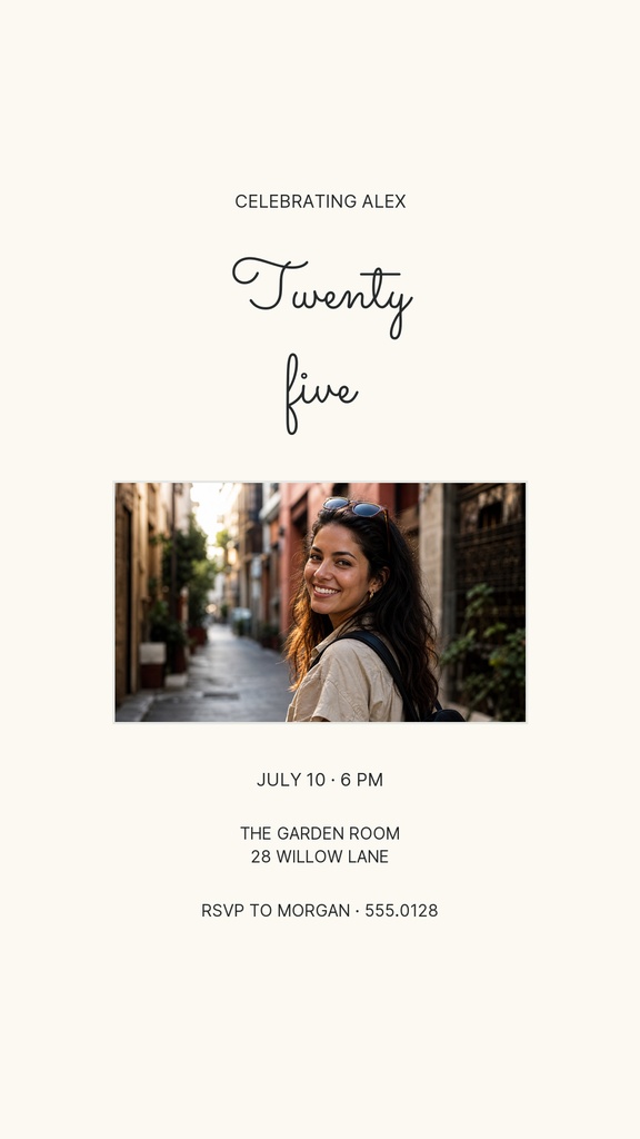 Minimal beige Instagram Story invitation with a centered photo and text for a 25th birthday celebration.