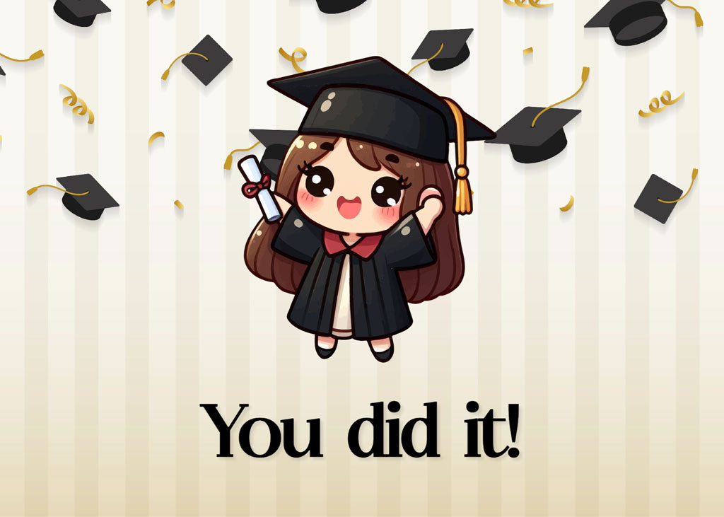 Cartoon graduate in cap and gown with confetti