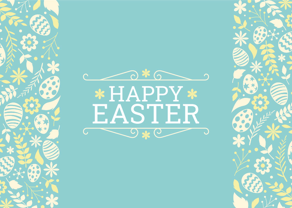 Happy Easter greeting card with decorative eggs and floral patterns