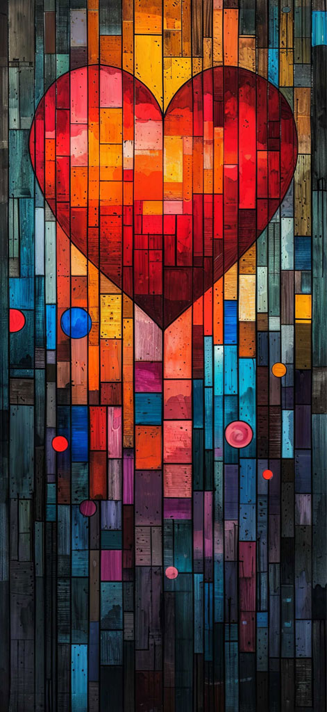 A heart-shaped mosaic artwork with a mix of red, orange, blue, and other colored tiles.