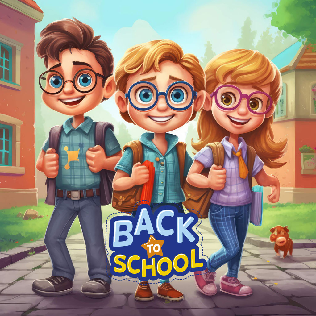 Three cartoon children with backpacks and glasses standing on a sidewalk with a 'Back to School' sign.