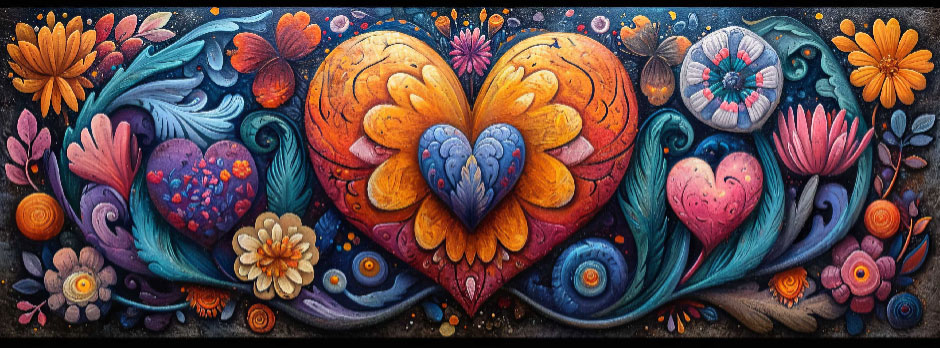 A vibrant and intricate design with multiple hearts surrounded by flowers and foliage.