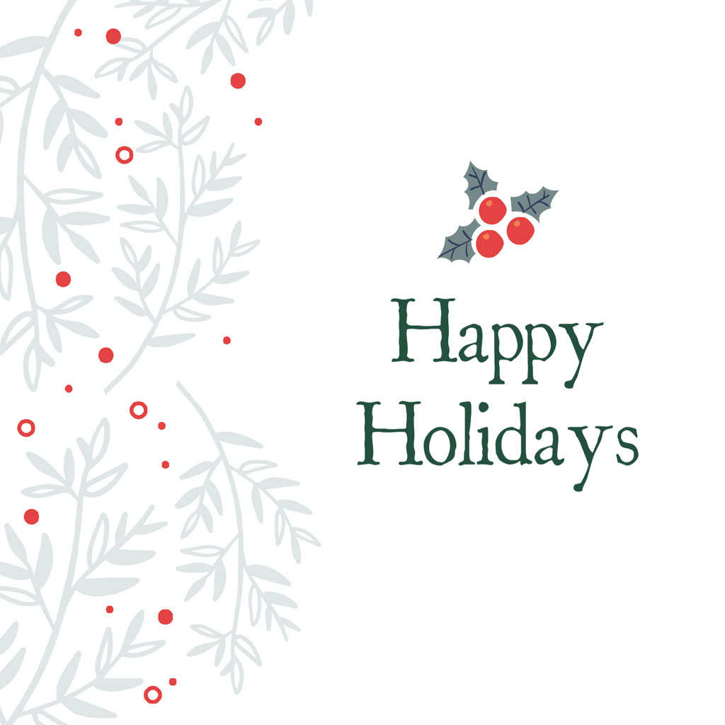 Happy Holidays greeting card with holly and red berries