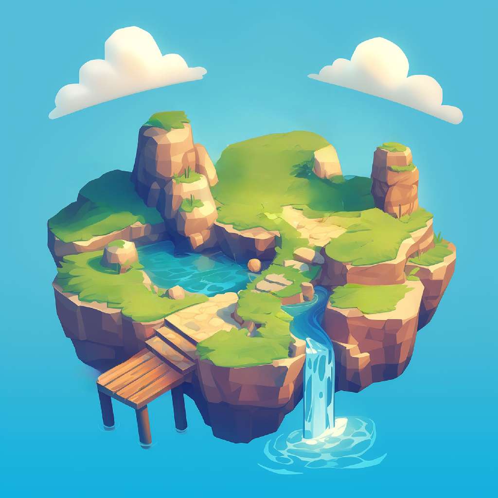 A 3D illustration of a peaceful island with a waterfall, a lake, and a wooden dock.