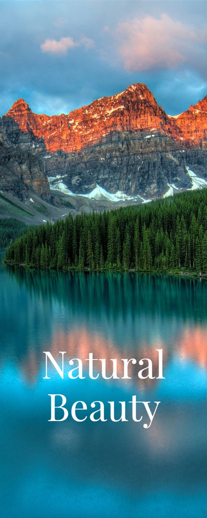 A serene lake with evergreen trees and majestic mountains in the background.