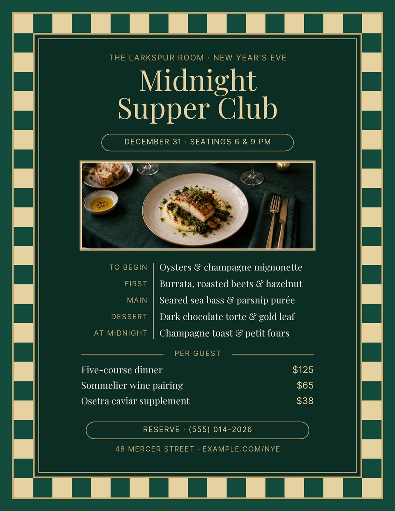 Preview for Midnight Supper Club Letter Menu / Price List Template