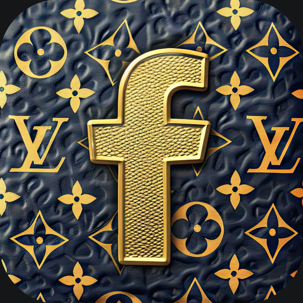 Gold Facebook logo on Louis Vuitton background