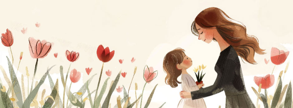 Illustration of a mother and daughter holding hands and walking through a field of red and pink tulips