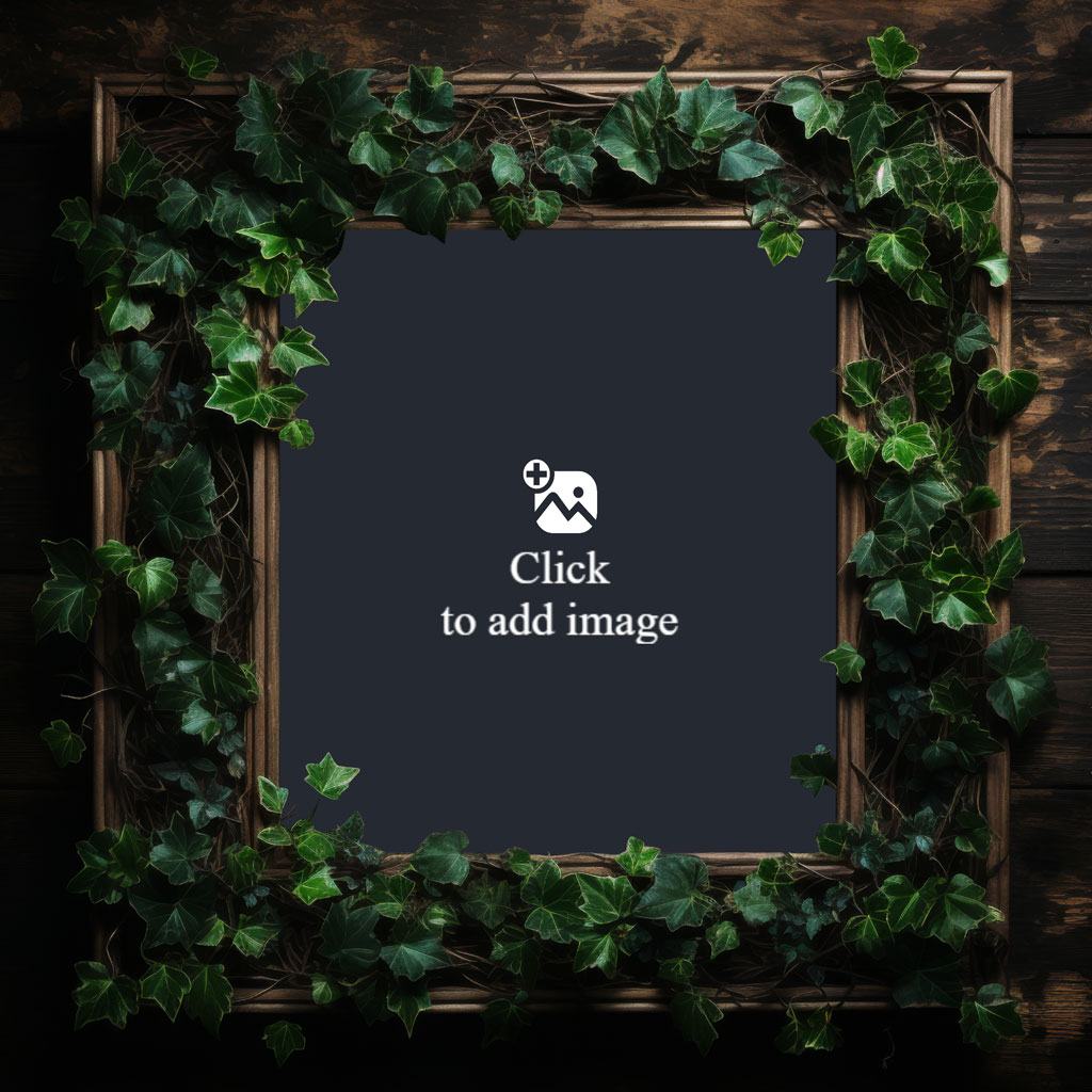 A wooden frame with ivy leaves on a dark wooden wall