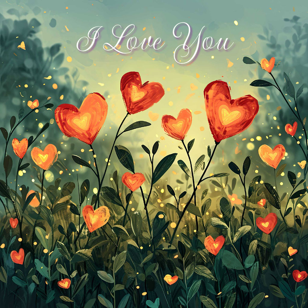 Illustration of heart-shaped flowers in a garden with the phrase 'I Love You'