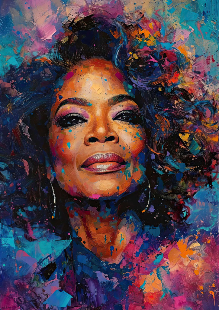 A woman with curly hair and hoop earrings, surrounded by vibrant paint splatters