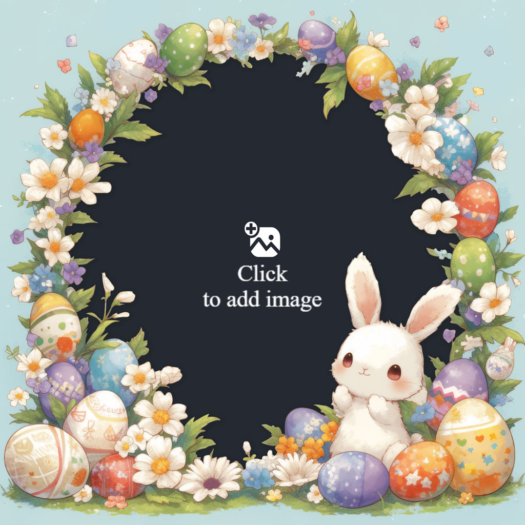 Easter bunny surrounded by eggs and flowers in a circular frame