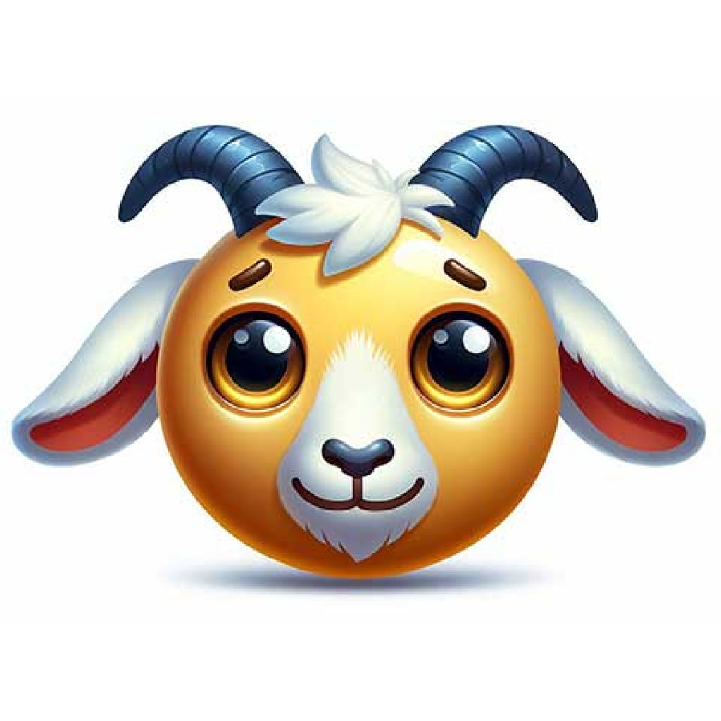 A smiling cartoon goat with brown horns and large eyes.