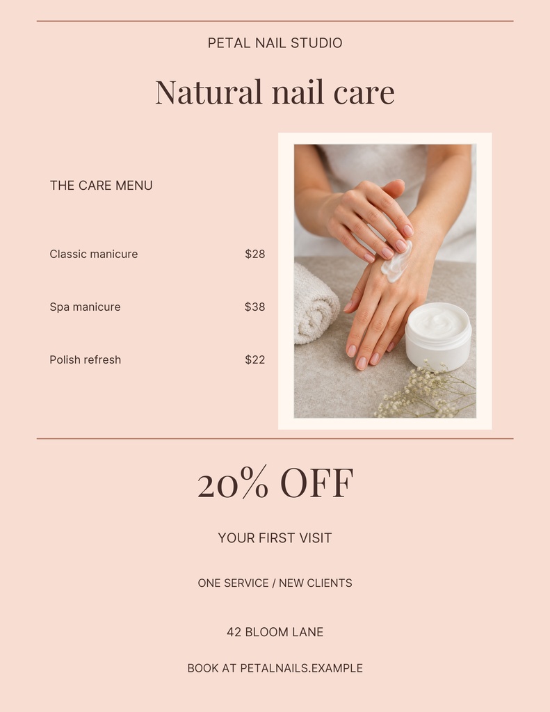 Portrait nail salon menu with manicure prices, discount offer, and hand care photo