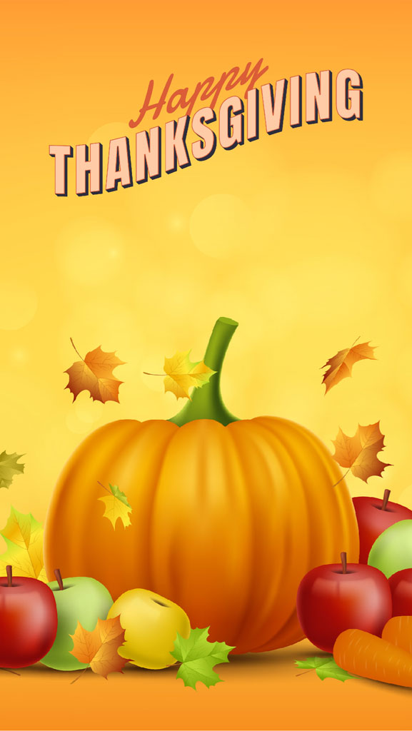 Thanksgiving greeting card with pumpkin and fruits