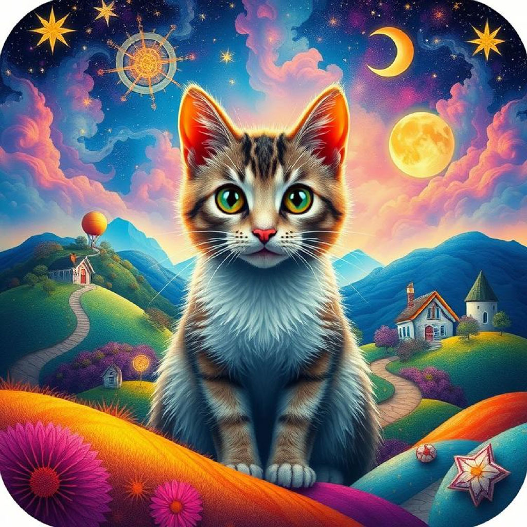 A colorful cat with green eyes sitting in a dreamlike environment with a moon, stars, and houses in the background.