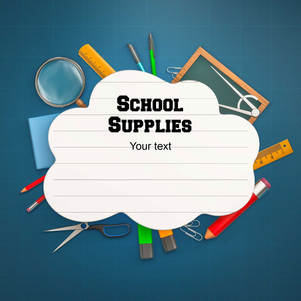 School supplies arranged around a text template