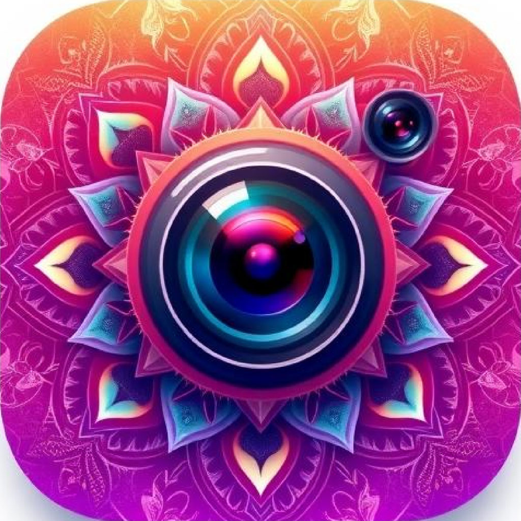 Colorful camera lens icon with mandala pattern