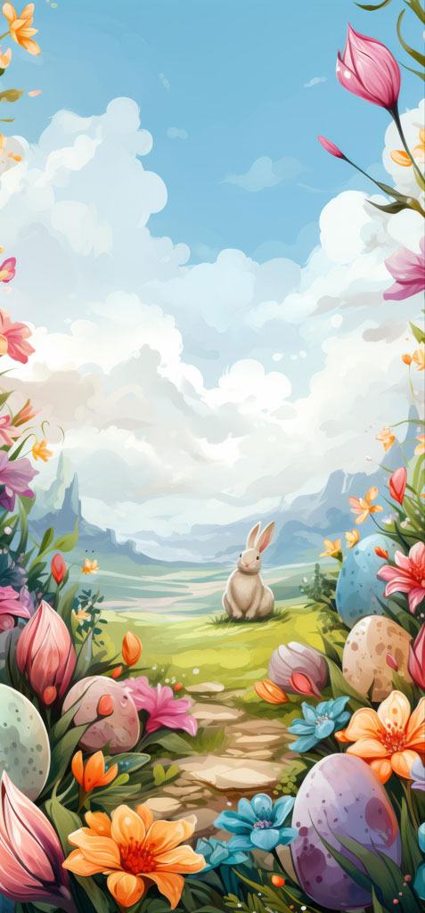 An Easter bunny sitting in a lush green field surrounded by colorful flowers and Easter eggs.