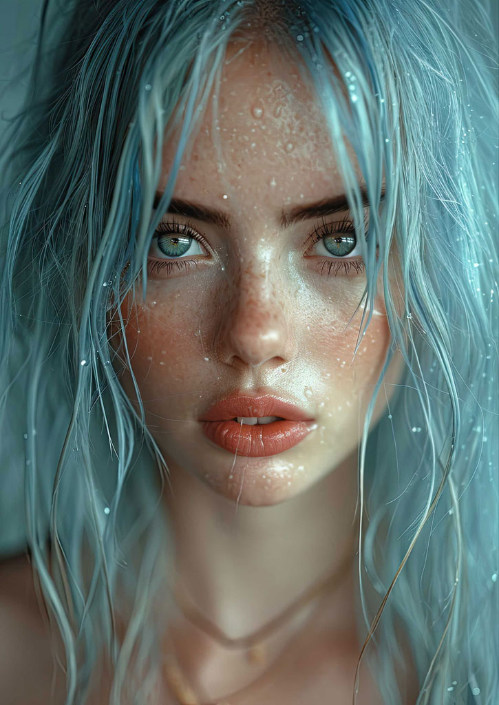 Close-up of a woman with blue hair and water droplets on her face
