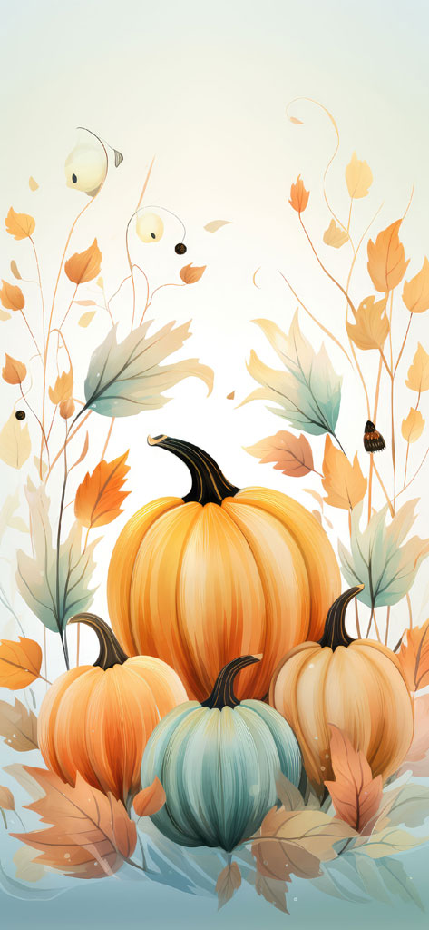 Digital artwork featuring a group of pumpkins and autumn foliage.