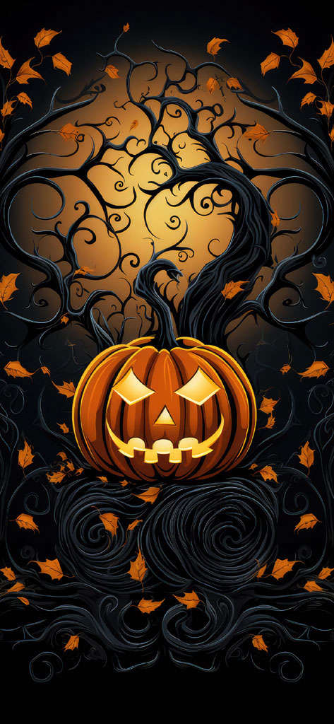 A carved pumpkin with a menacing face surrounded by twisted black branches and orange leaves against a dark background.