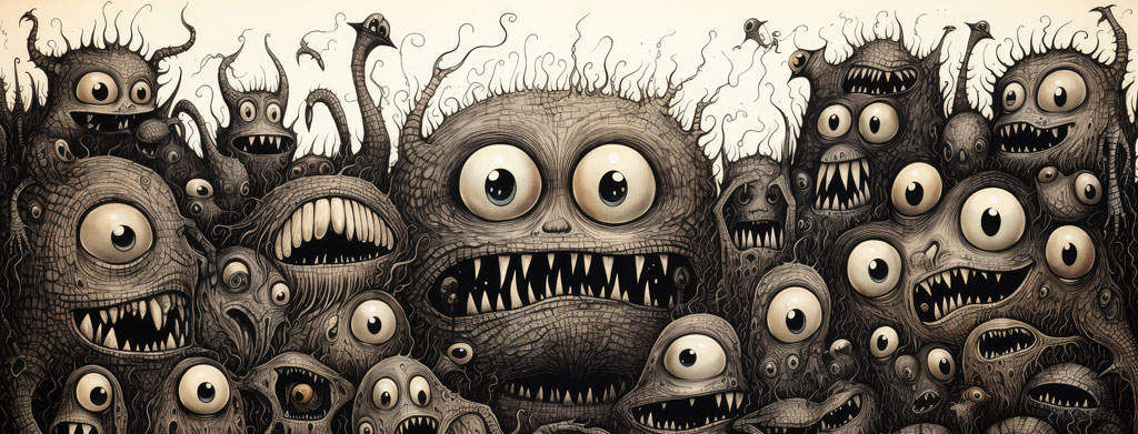 A dense cluster of fantastical, monstrous beings with large eyes and teeth
