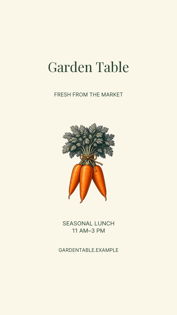 Cream-colored Instagram Story with Garden Table text and a carrot illustration in the center