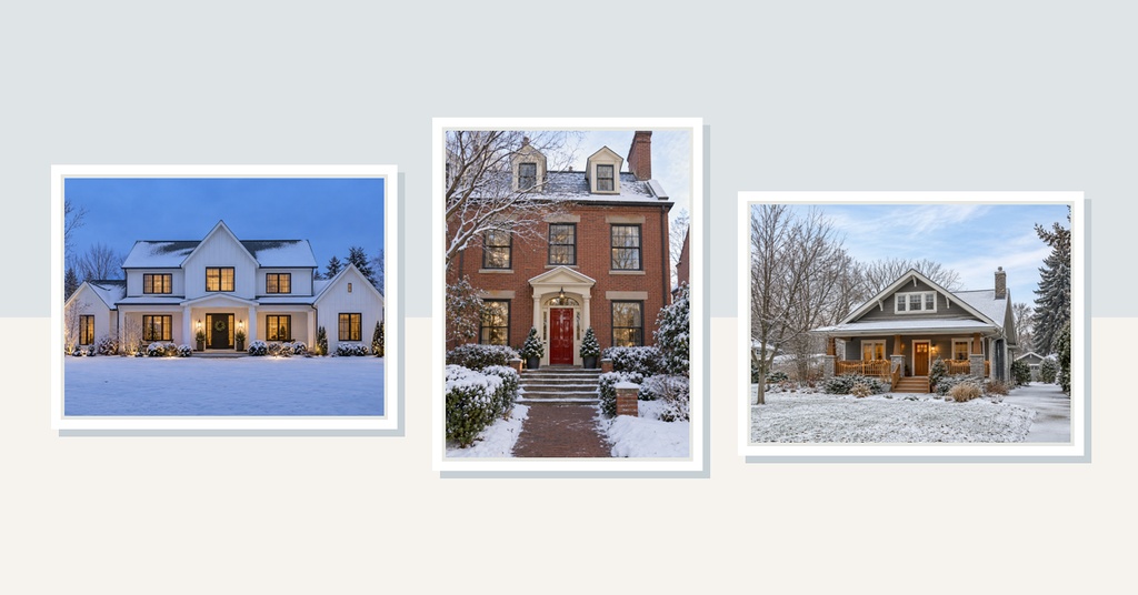 Three framed photos of homes in winter arranged across a light background.