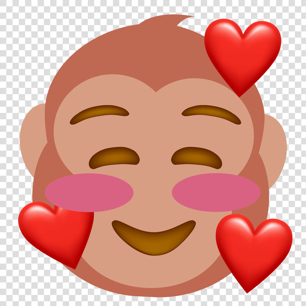 A cartoon monkey face with closed eyes, blushing cheeks, and hearts around it.